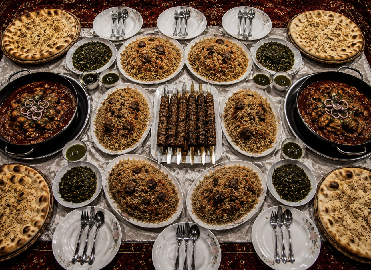 A shared table of Afghan dishes at Afghan House